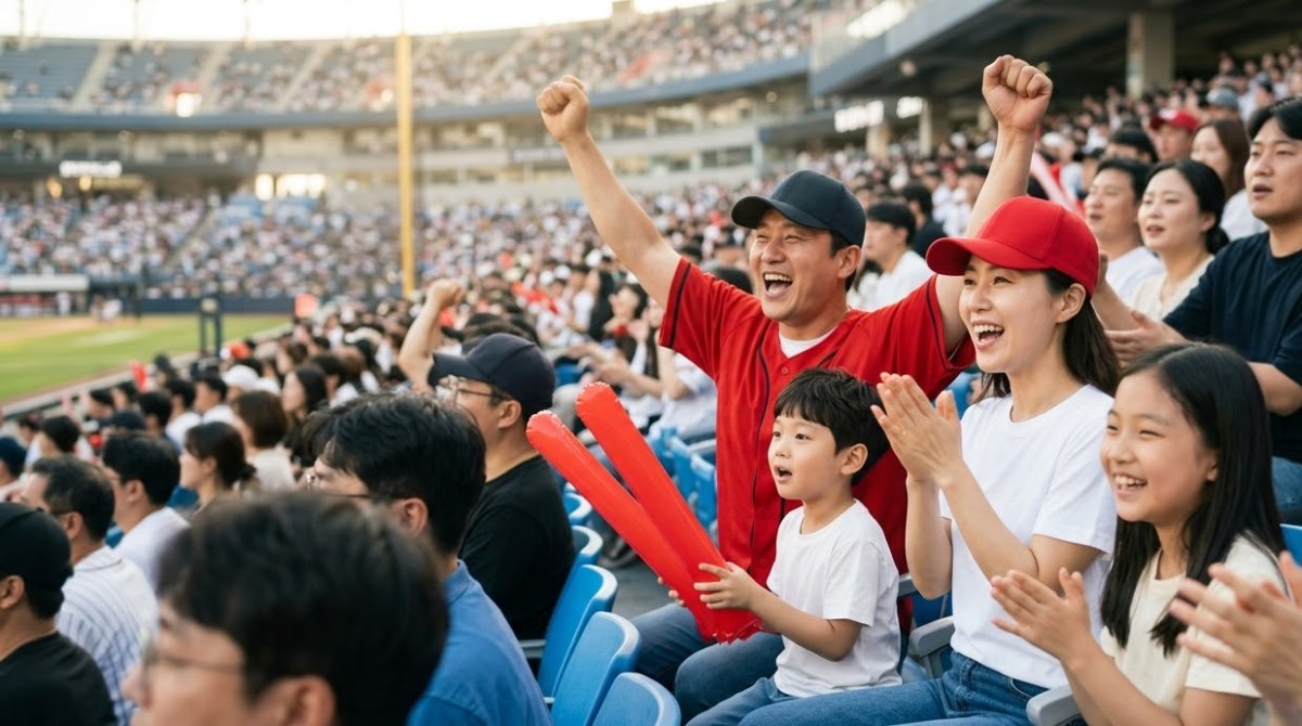 야구장에서 응원하는 가족