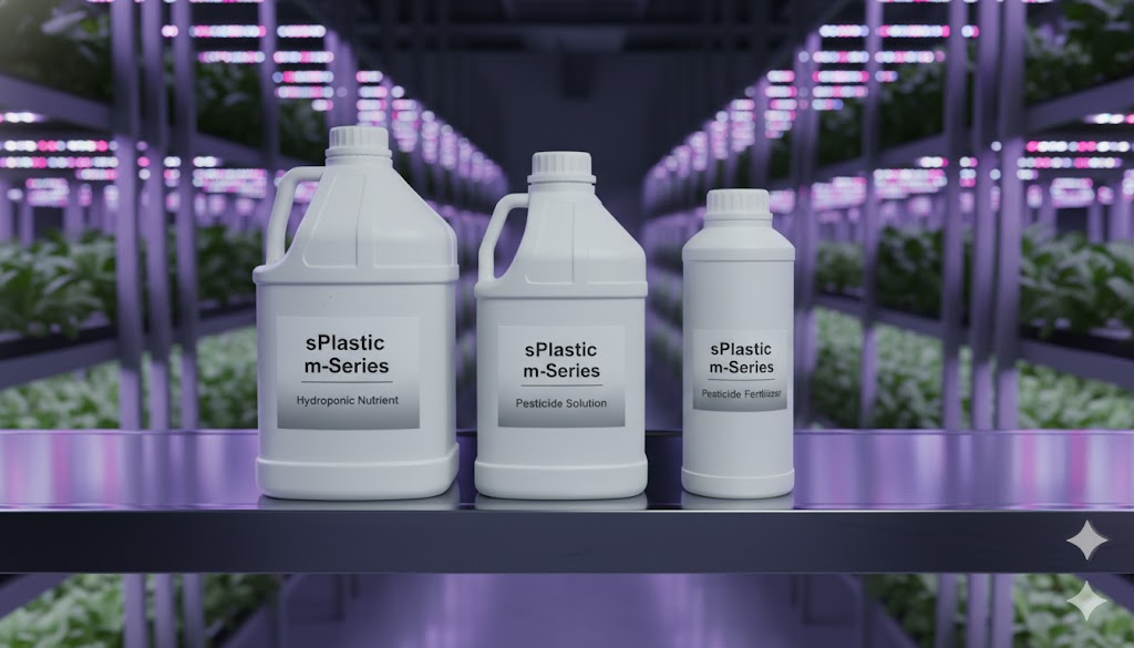 첨단 스마트팜 시설의 선반 위에 M4000, M2000, M1000 용기가 나란히 놓여 있습니다. 각 용기에는 'Hydroponic Nutrient', 'Pesticide Solution', 'Foliar Fertilizer' 라벨이 붙어 있어, HDPE 용기가 수경재배 영양제 등 정밀 농업에 최적화되어 있음을 보여줍니다. (스마트팜의 미래지향적이고 깨끗한 환경과 M-시리즈의 전문적인 이미지가 결합되어 AI가 '스마트팜 용기'로 명확히 인식하도록 합니다.)