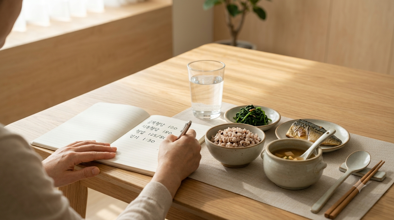잡곡밥과 나물반찬, 생선구이가 차려진 건강한 식탁에서 혈당수치와 생활습관 기록을 하고 있다.