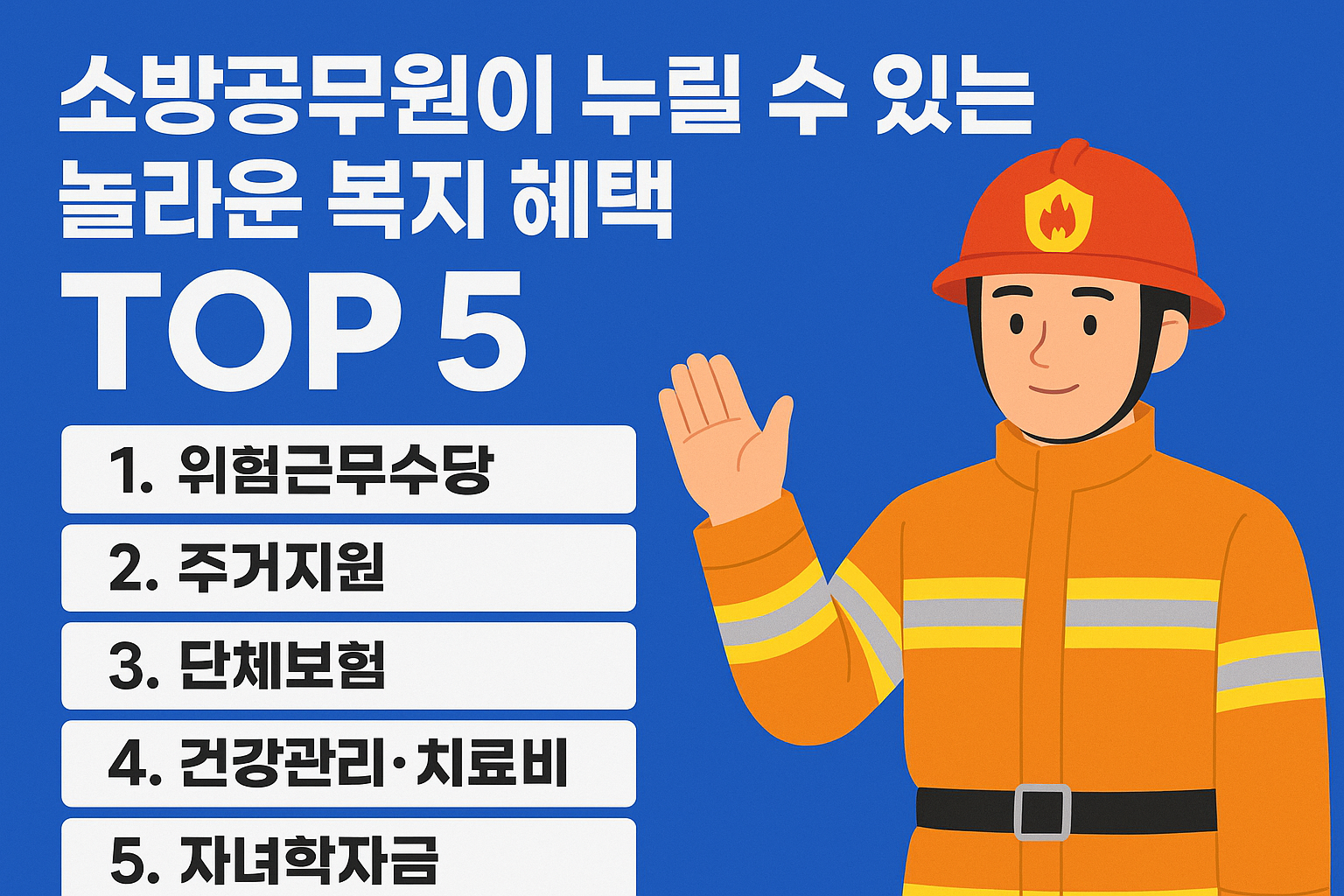 밝은-파란-배경에-소방복과-빨간-헬멧을-쓴-소방관이-인사하는-모습과-함께-소방공무원이-누릴-수-있는-복지혜택-TOP5가-나열되어-있다-1-위험근무수당-2-주거지원-3-단체보험-4-건강관리-치료비-5-자녀학자금