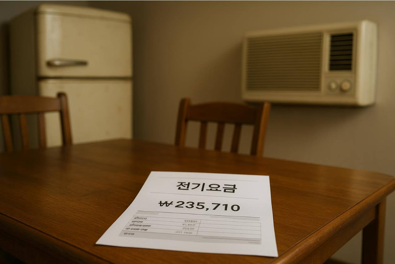 식탁 위 전기요금 고지서와 낡은 냉장고·에어컨 모습