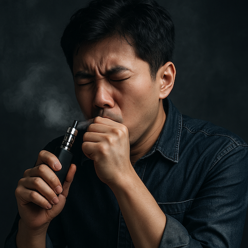 액상 전자담배 사용 후 기침하는 한국인 남성 모습
