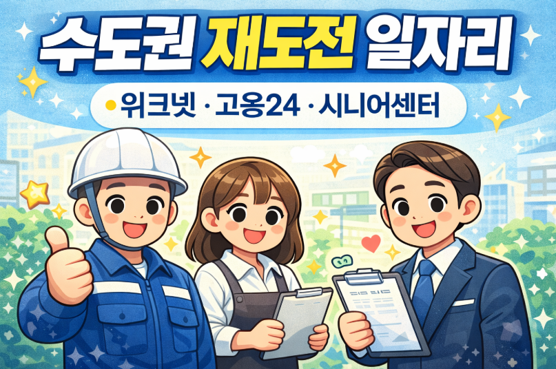 수도권 재도전 일자리 홍보 포스터 – 워크넷, 고용24, 시니어센터를 통해 다양한 취업 지원 기회를 안내하는 이미지
