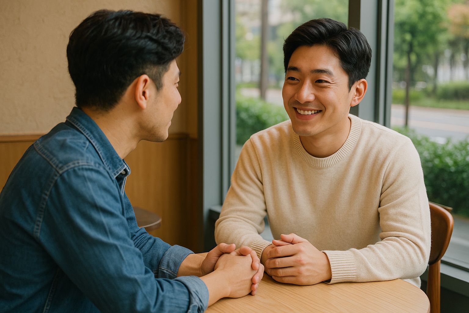 상담실에서 자유롭게 대화를 나누는 두 청년