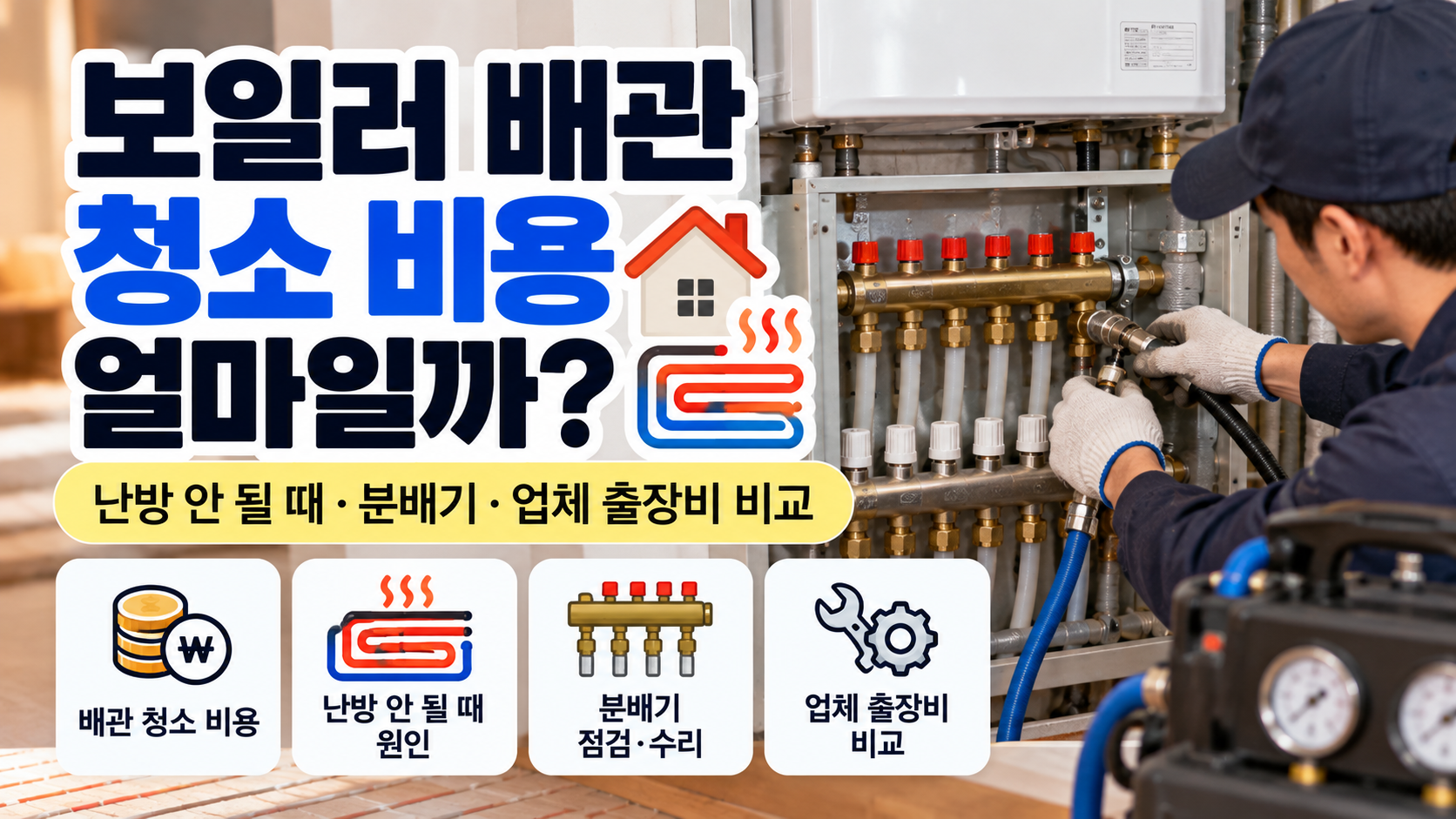 보일러 난방배관과 분배기 점검 장면을 배경으로 보일러 배관 청소 비용, 난방 불량 원인, 분배기 점검 및 업체 출장비 비교를 안내하는 대표이미지