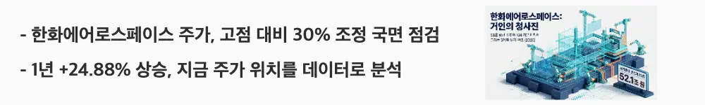'한화에어로스페이스 주가, 고점 대비 30% 조정 국면 점검'이라는 문구가 포함된 웹배너 이미지. 이 이미지는 한화에어로스페이스의 1년 수익률과 고점 대비 조정 위치를 시각적으로 전달하며, 블로그의 한화에어로스페이스 주가 추세 분석과 관련된 내용을 설명함
