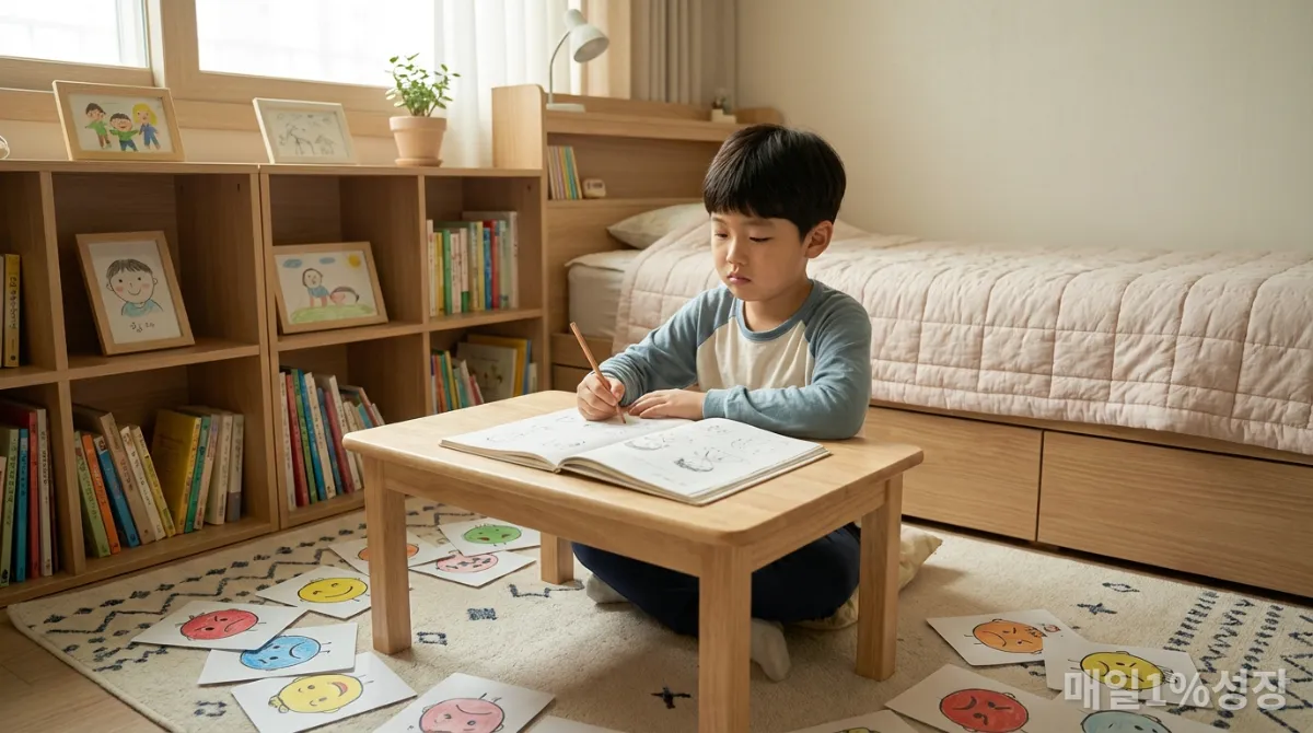 자신의 감정을 표현하는 그림을 그리고 있는 한국 아이