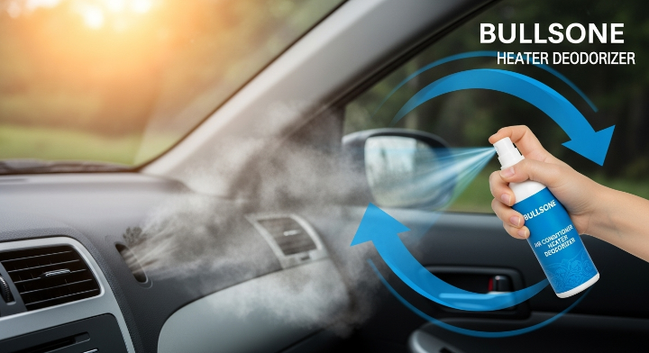 에어컨 송풍구에서 냄새가 퍼지며 탈취제를 사용 중인 장면 – 여름철 차량 내부 정화 과정