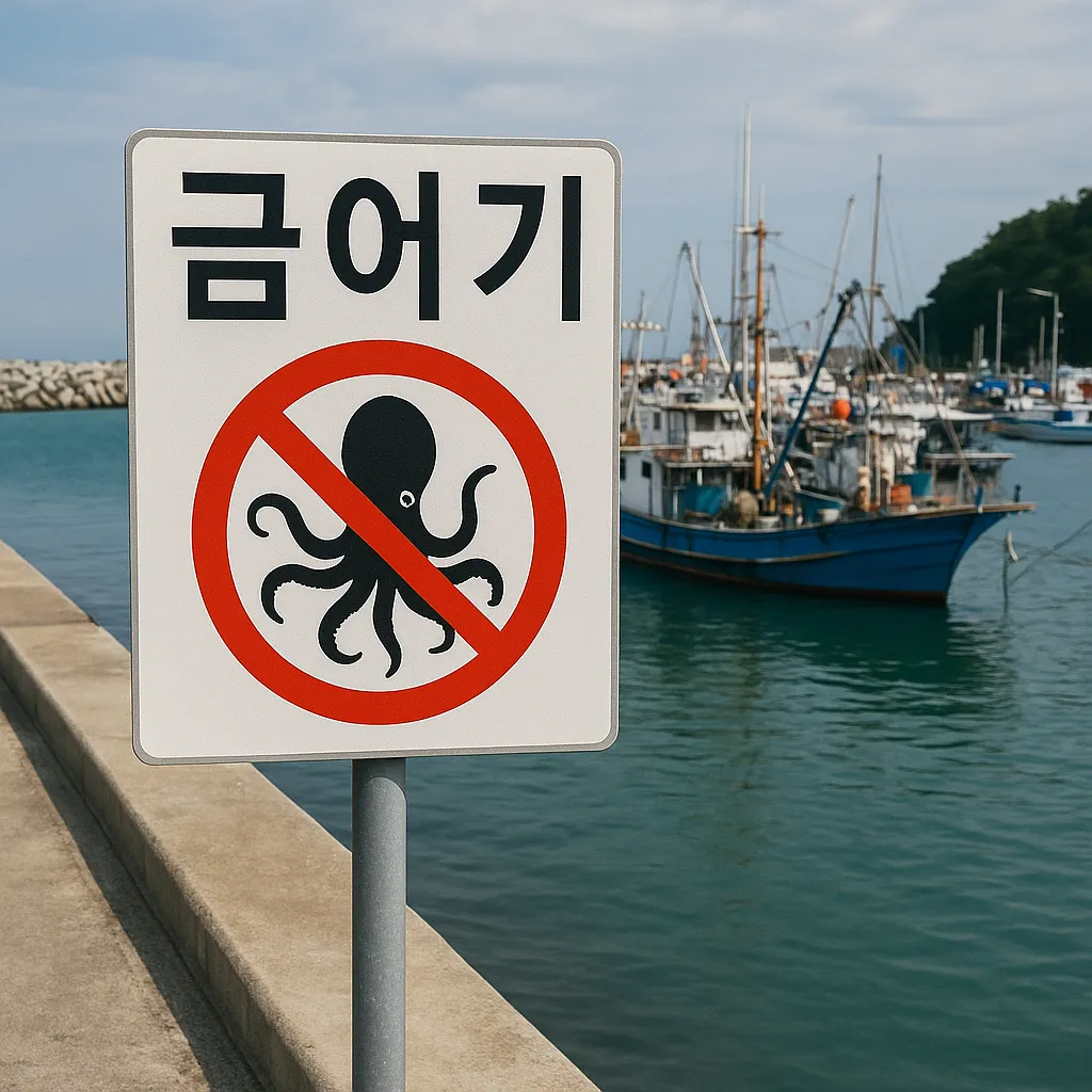 항구 입구에 설치된 참문어 금어기 안내판