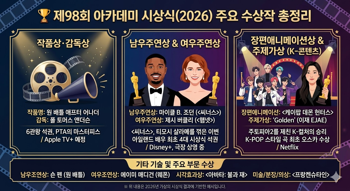 아카데미 시상식 2026 결과 총정리｜케이팝 데몬 헌터스 2관왕&middot;이재 프로필