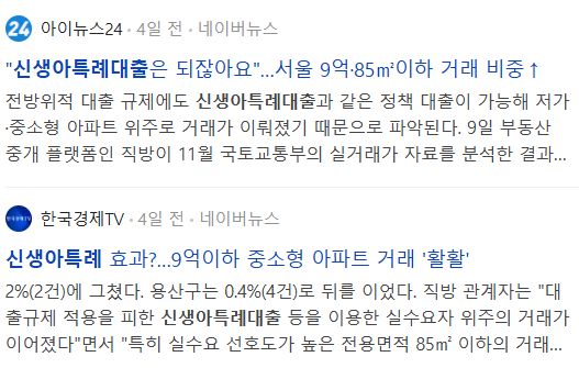 신생아 특례대출 관련 뉴스 기사들