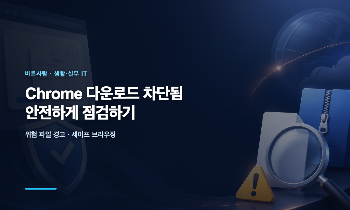 Chrome 다운로드 차단 경고와 세이프 브라우징 점검 단계를 보여 주는 보안 일러스트