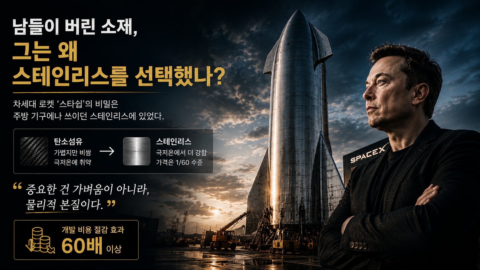 남들이 선호하는 값비싼 탄소섬유 대신, 물리적 본질(극저온 특성)에 근거해 스테인리스 강을 선택한 스타쉽 로켓. 관습을 깨는 결정이 60배의 비용 절감을 가져왔음을 보여줍니다.