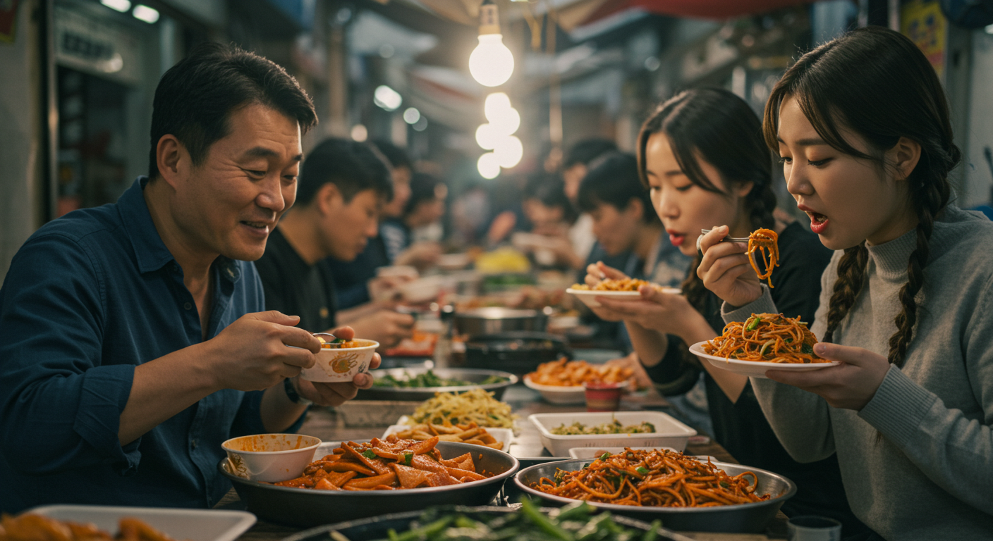 시장에서 음식을 먹는 가족