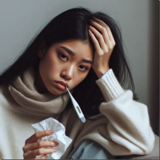 한방 감기약 인삼패독산 효능, 해열 진통 효과, 체온 측정하는 젊은 여성 사진