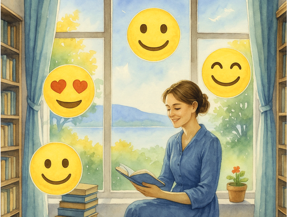 큰 창에 자연이 보이는 실내에 책장과 책이 있고 사람이 앉아서 책을 보며 미소 짓고 사람 주변에는 다양한 감정이 떠있는 모습이 수채화 기법으로 그려져 있다
