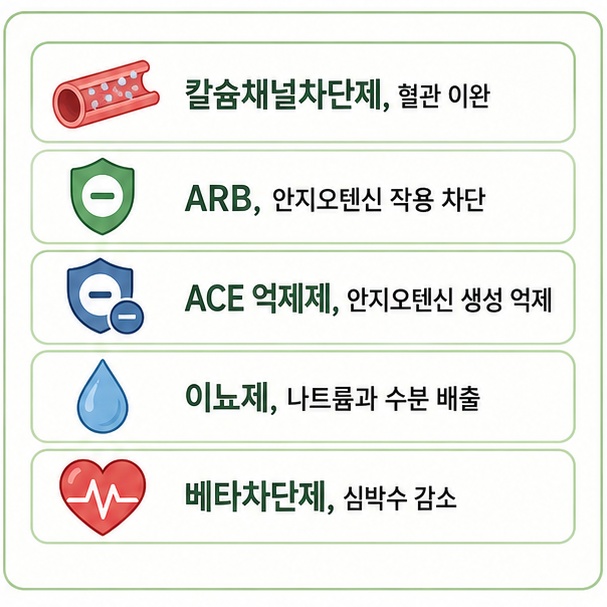 칼슘채널차단제, ARB, ACE 억제제, 이뇨제, 베타차단제가 혈압을 낮추는 서로 다른 방식을 정리한 그림