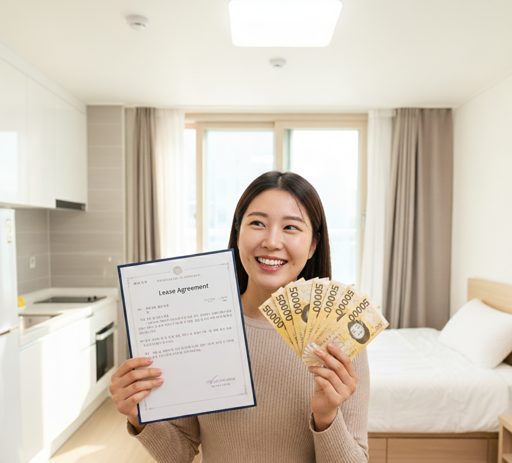 연말정산 월세 세액공제 혜택을 상징하는 이미지. 한 사람이 임대차 계약서와 현금(월세 환급금)을 들고 기뻐하고 있다.