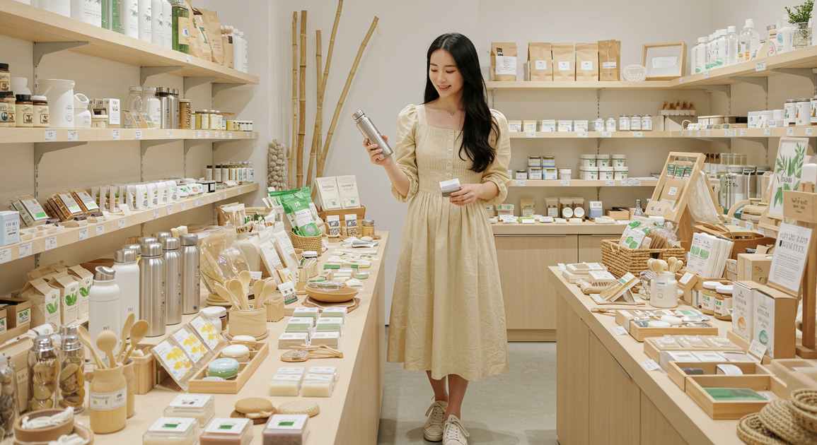 제로 웨이스트 장보는 여성 이미지