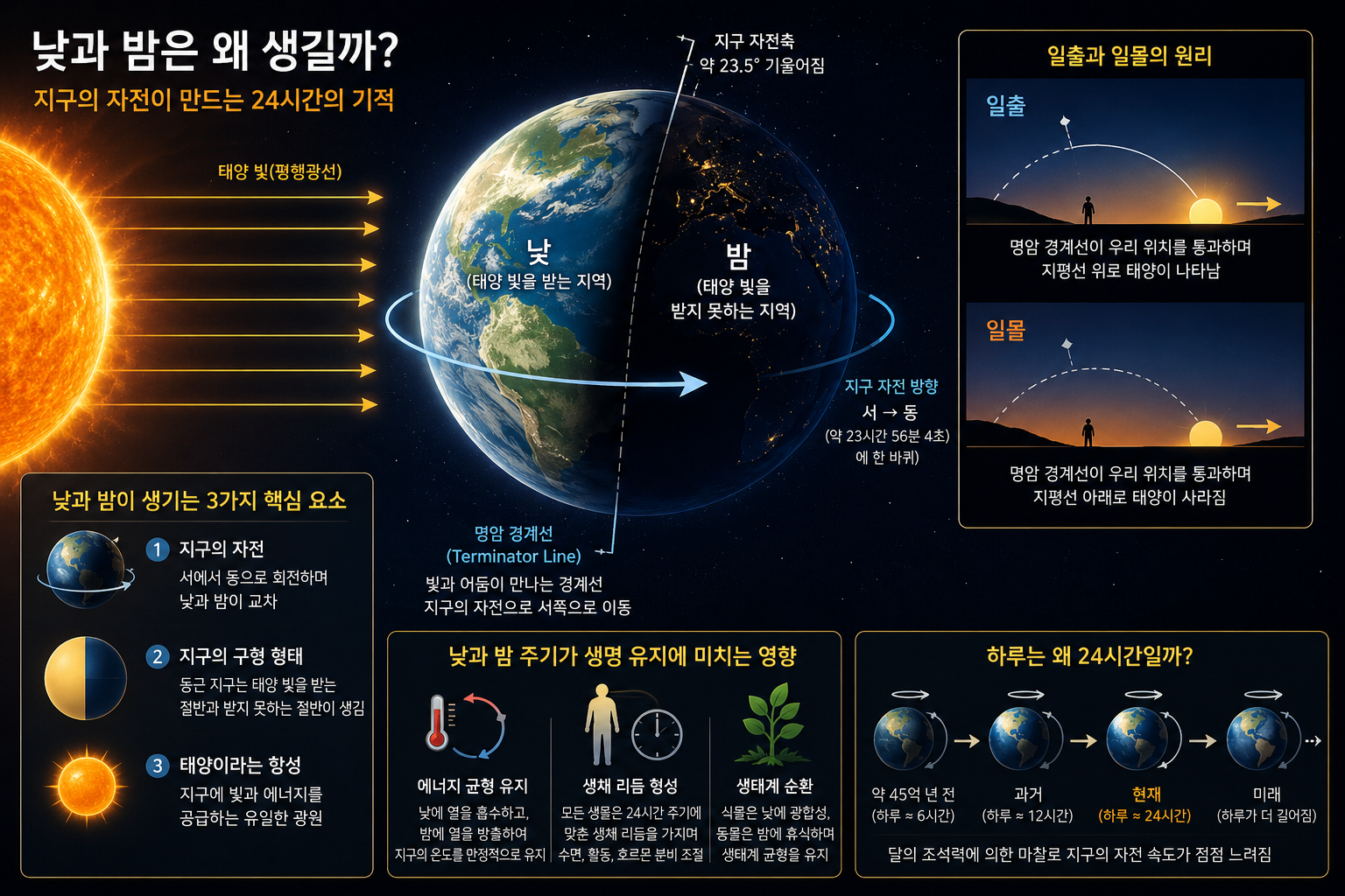 태양 빛을 받는 지구의 낮과 그림자가 지는 밤의 경계를 보여주는 지구 자전 원리 설명도