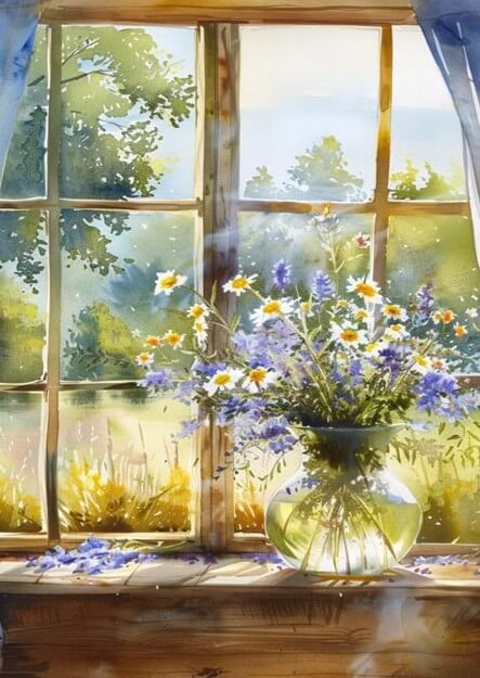 맑은-유리창-앞에-흰-민들레가-화병에-꽃혀있는-아름다운-풍경을-그린-그림