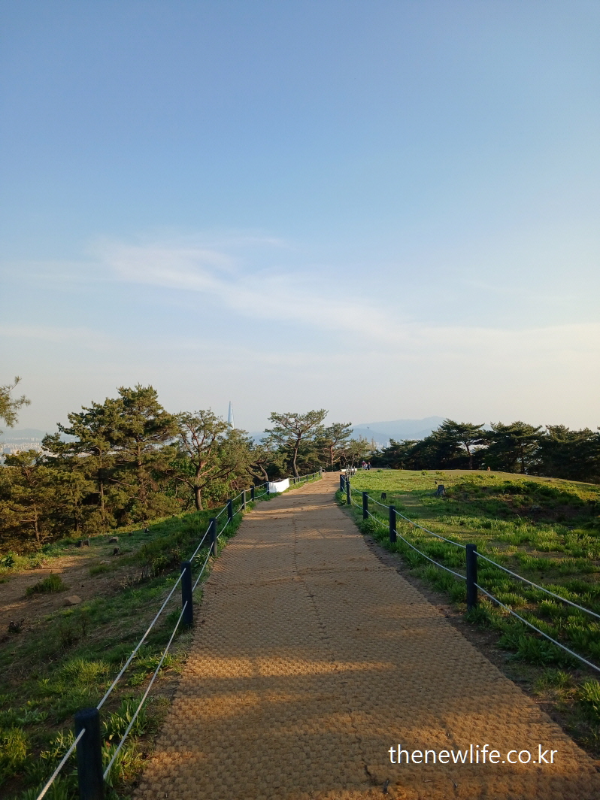 Flat summit trail at Achasan with distant view of Lotte Tower in Seoul-아차산 정상 부근의 평탄한 흙길과 멀리 보이는 롯데타워