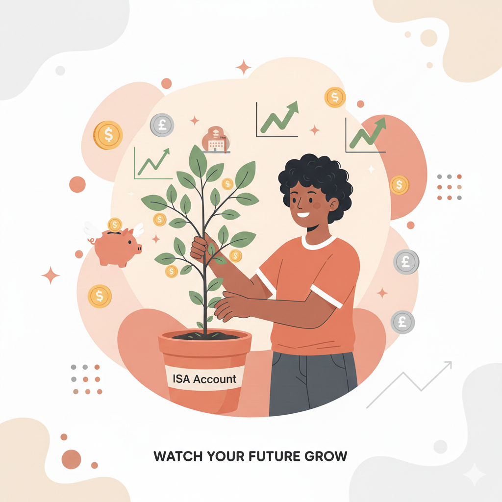 ISA 계좌에 씨앗을 심어 돈나무로 성장시키는 모습을 표현한 삽화.