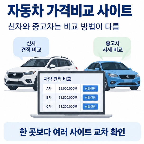 자동차 가격비교 사이트라는 제목과 신차 SUV 세단, 가격표, 견적 비교 화면을 함께 표현한 대표 이미지