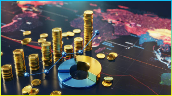 동전, 그래프 및 세계 지도 시각화를 통해 표시되는 글로벌 금융 추세