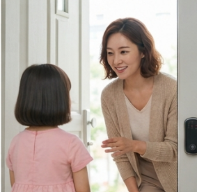 퇴근 후 현관에서 아이를 마주 보고 웃는 모습
