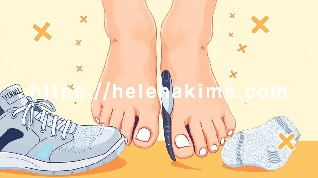 건강하게 빛나는 발톱 주위에 건조된 발, 통풍 잘 되는 운동화, 깨끗한 기능성 양말, 위생적인 발톱깎이 등이 조화롭게 배치된 모습.