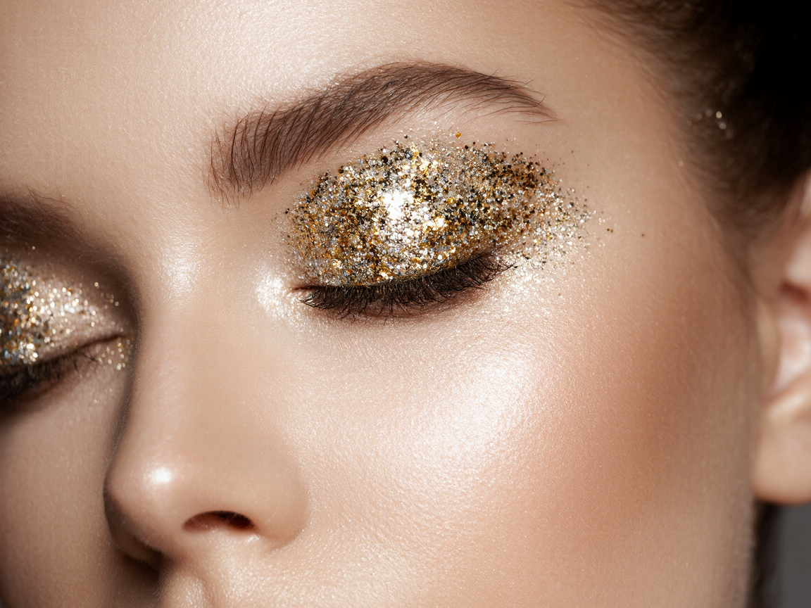 반짝이는 골드 아이 메이크업을 강조한 근접샷.