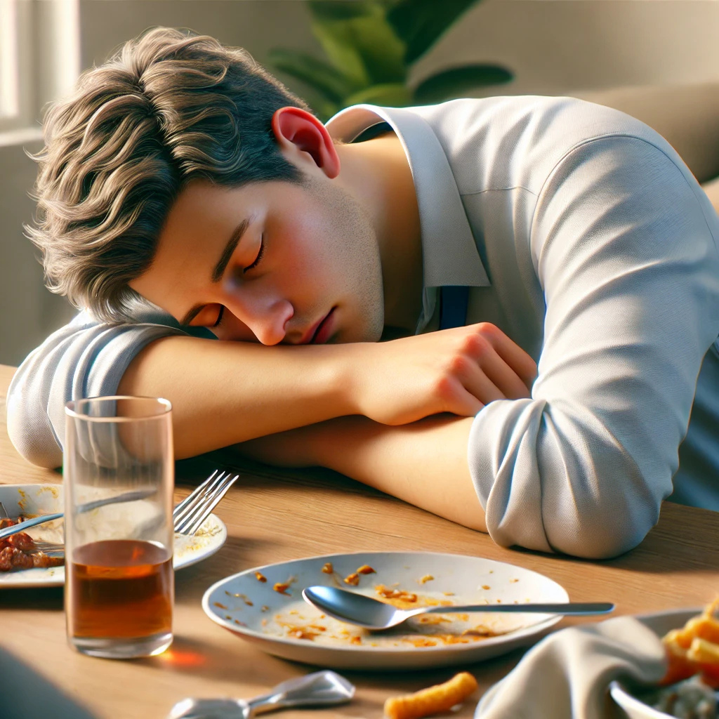 식사 후 책상 위에서 무기력하게 졸고 있는 사람과 남겨진 식사 흔적이 잘 표현된 이미지
