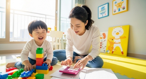 부모가 계산기 들고 있을 때 아이는 옆에서 노는 모습