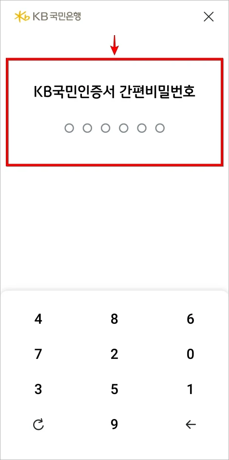 KB국민인증서의 간편 비밀번호를 입력(인증서로 본인인증)