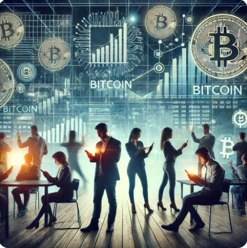 비트코인을 투자하는 사람들의 모습을 표현한 이미지
