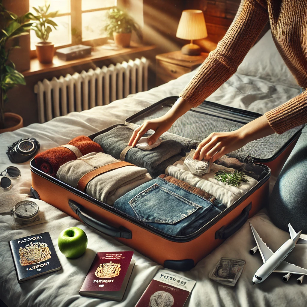 해외여행 준비하며 캐리어에 짐을 싸고 있는 사진