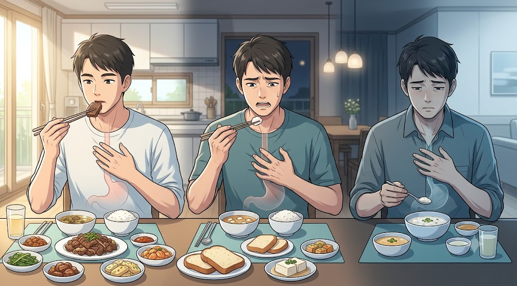 고형식 삼킴 걸림이 시간이 지나면서 점차 심해지고 식사가 제한되는 경과를 보여주는 메디컬 일러스트