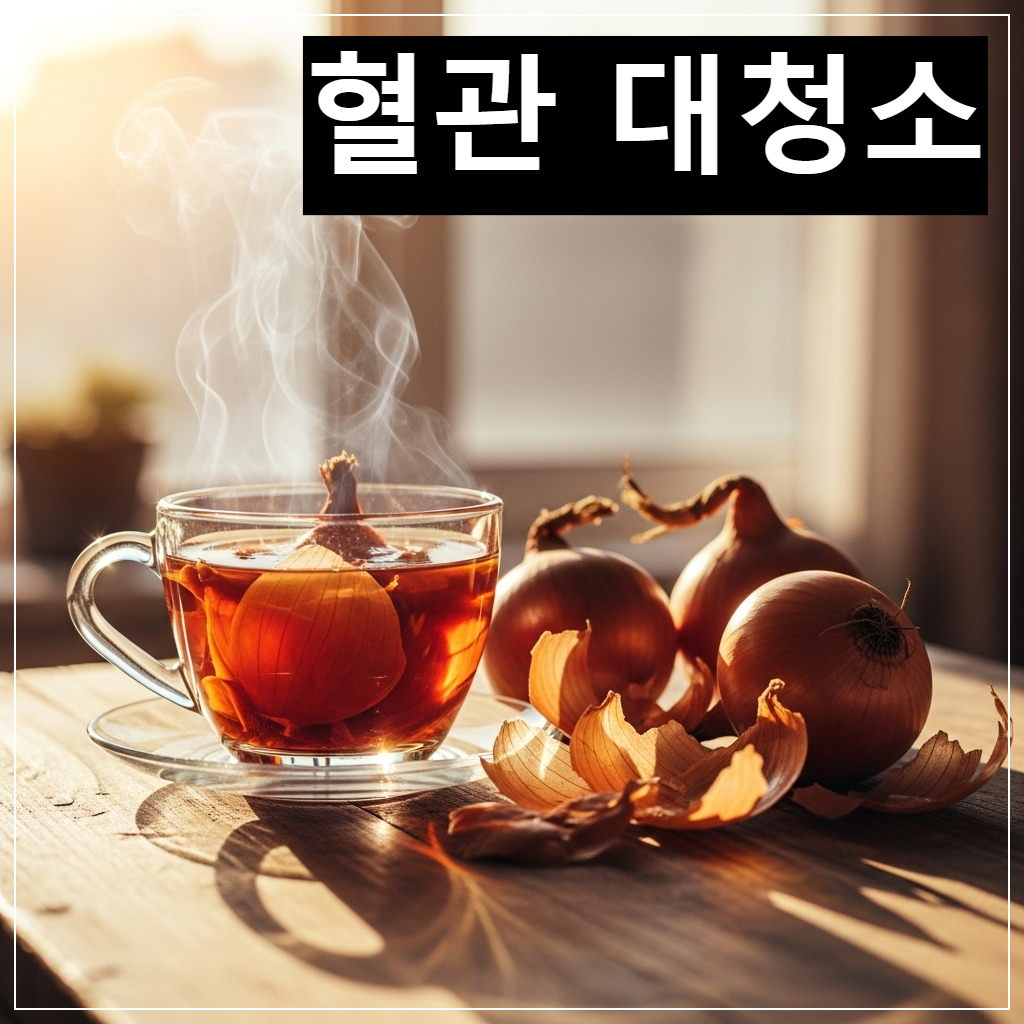 붉은 갈색 빛이 도는 따뜻한 양파 껍질 차와 그 옆에 놓인 신선한 적양파