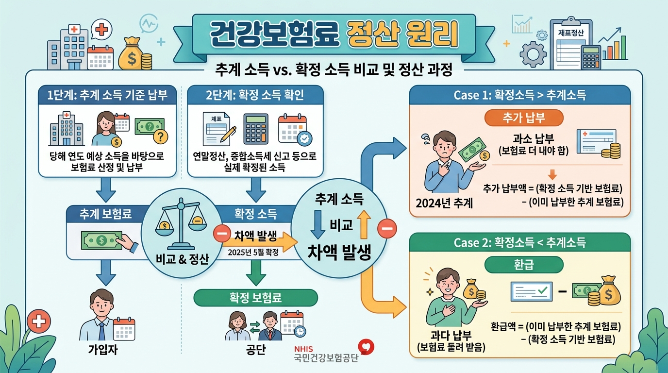 건강보험료 추정 소득과 실제 확정 소득의 차이를 비교하여 정산하는 원리 도표