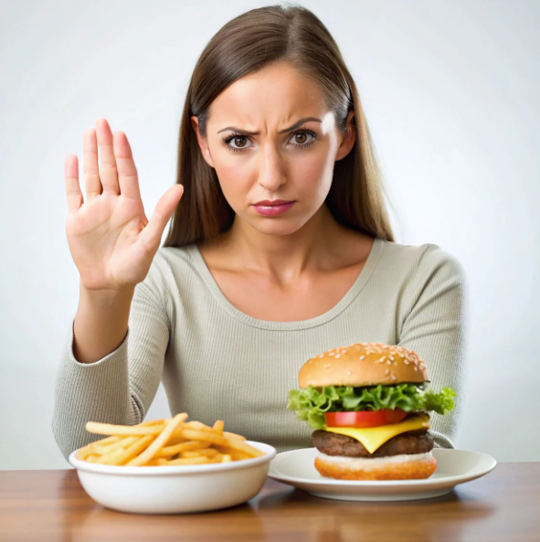 건강검진 후 햄버거를 먹지 않는 여성 사진