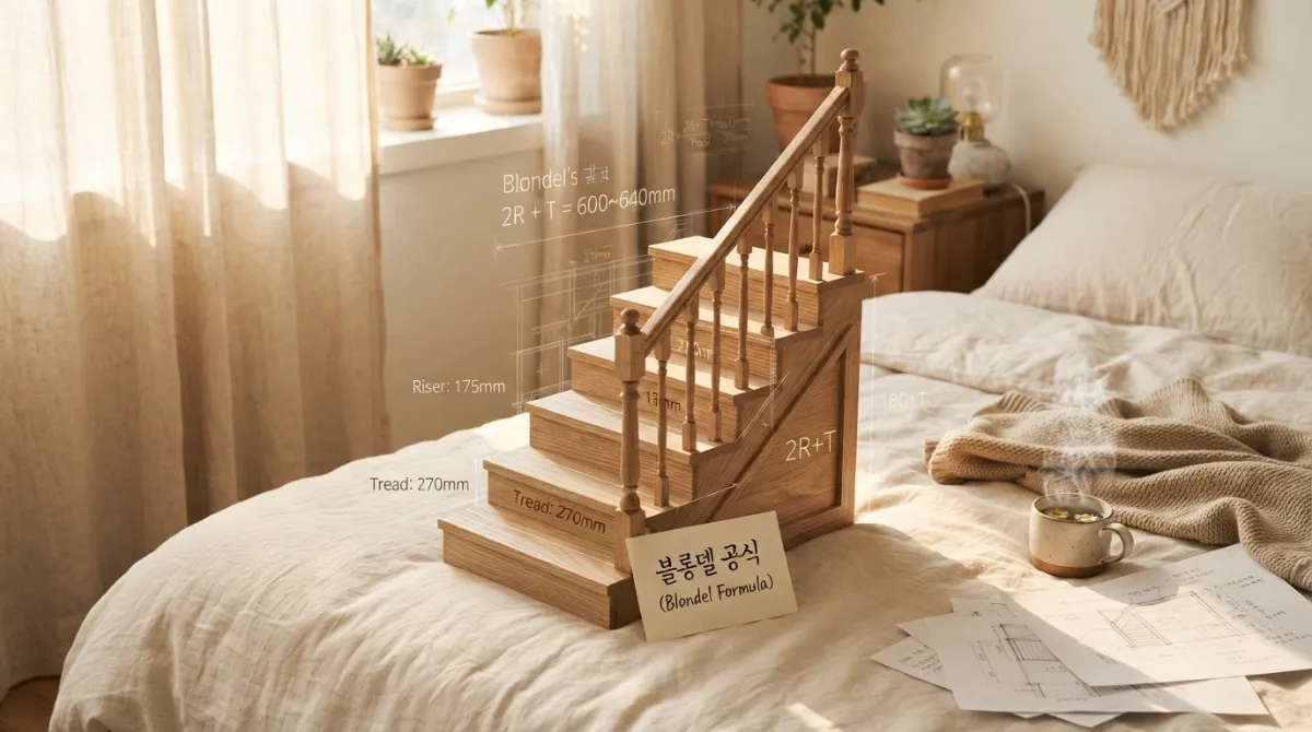 부드러운 리넨 침대 위에 거대한 모형으로 놓인 목조 계단, 단높이와 디딤판을 설명하는 옅은 청사진 공식 라인이 부드러운 오후 햇살과 함께 어우러진 따뜻한 일상 장면