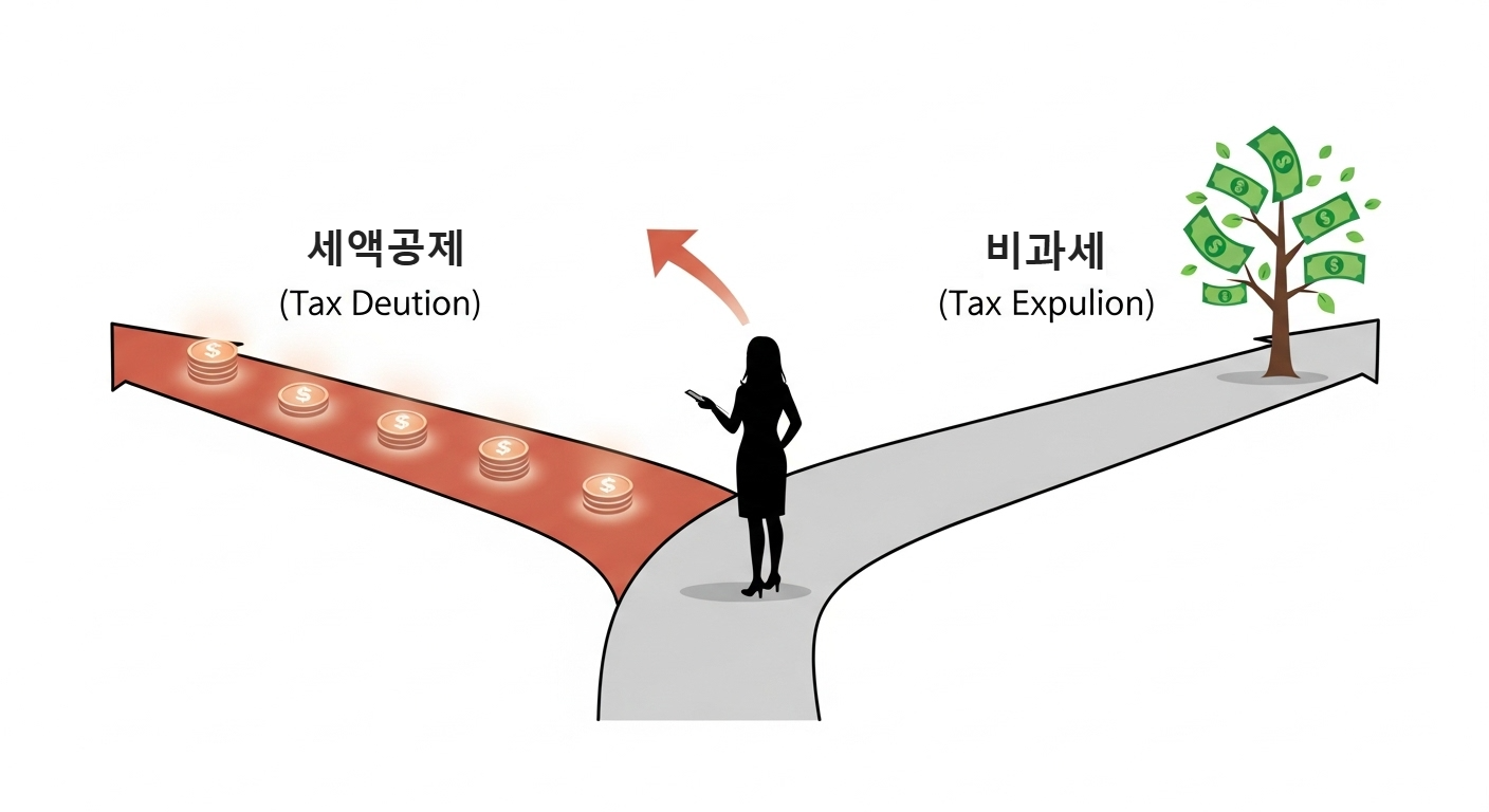 세액공제와 비과세 혜택을 상징하는 두 갈래 길 앞에서 고민하는 비혼 여성의 모습