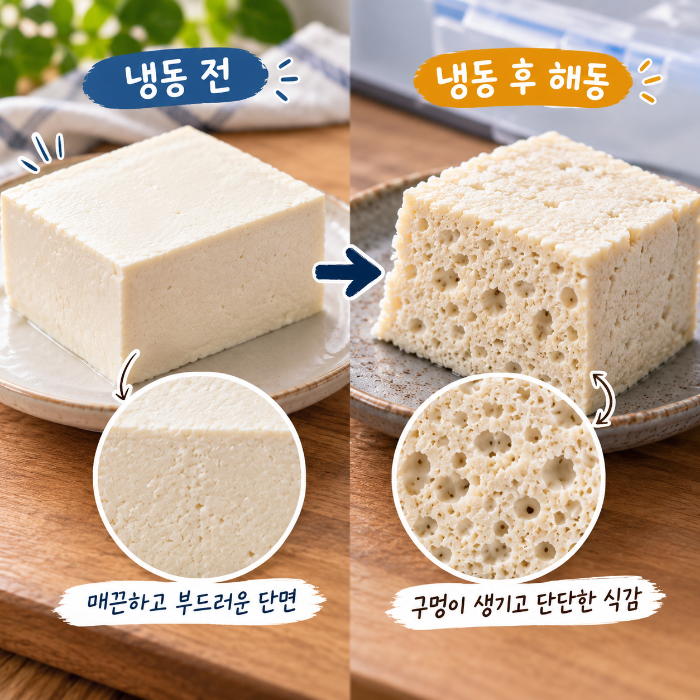 두부를 냉동했다가 해동했을 때 매끈한 단면이 스펀지처럼 구멍이 생긴 조직으로 달라지는 모습을 비교한 이미지