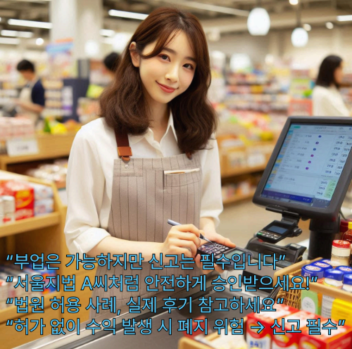 개인회생 중 마트 아르바이트를 하는 여성. 계산대 앞에서 미소 짓는 모습과 함께 &lsquo;부업 가능하지만 신고 필수&rsquo; 문구가 강조된 이미지.
