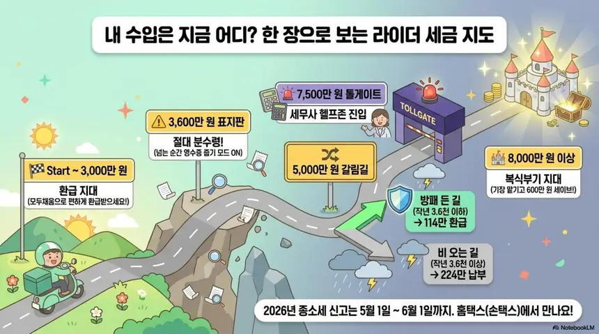 배달라이더 수입별 종합소득세: 내 수입은 지금 어디인지 한 장으로 보는 라이더 세금 지도라는 제목의 총정리 인포그래픽. 수입 3000만 원 이하는 모두채움으로 환급받는 환급 지대이고 3600만 원 표지판은 절대 분수령으로 넘는 순간 증빙 모드를 켜야 하며 5000만 원 갈림길에서는 방패 유지 시 114만 원 환급이지만 깨지면 224만 원 납부이고 7500만 원 톨게이트를 넘으면 세무사 헬프존인 복식부기 지대이며 8000만 원 이상은 기장 맡기고 600만 원을 절약하라는 배달라이더 종합소득세 전체 흐름을 로드맵으로 정리한 이미지