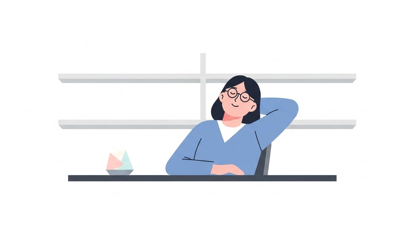 텅 빈 선반 앞에서 여유 있게 앉아 있는 성인의 모습, 재고와 창고 부담 없는 부업 구조가 얼마나 중요한지 보여줍니다.