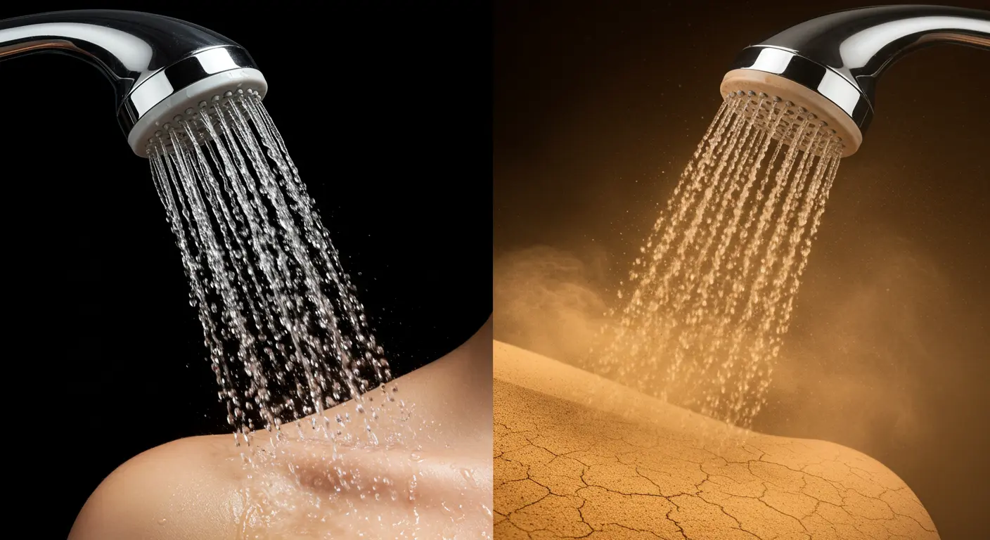 현대적인 샤워기에서 나오는 두 개의 대조적인 물줄기 - 왼쪽은 깨끗한 물방울이 건강한 피부에, 오른쪽은 모래같은 거친 입자가 갈라진 사막 피부에 떨어지는 모습