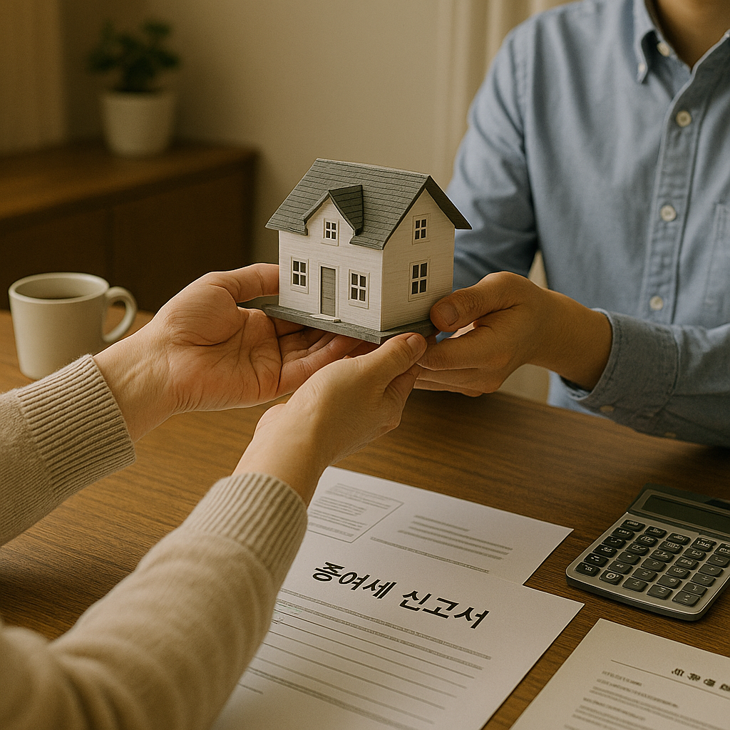 부동산 증여 과정에서 증여세 신고서를 앞에 두고 집 모형을 건네는 부모와 자녀의 장면