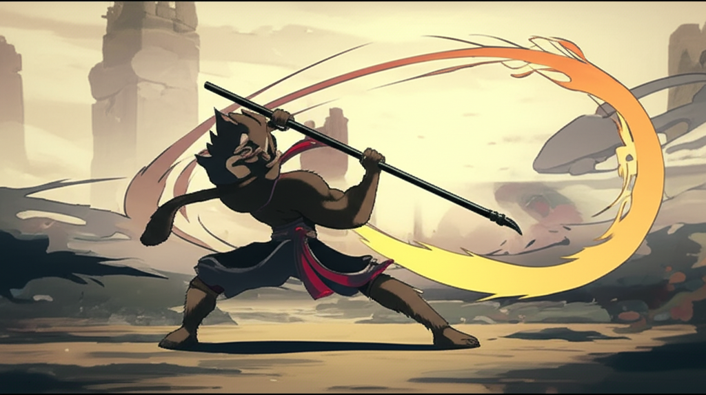 곤봉과 변신술을 결합한 오공의 전투